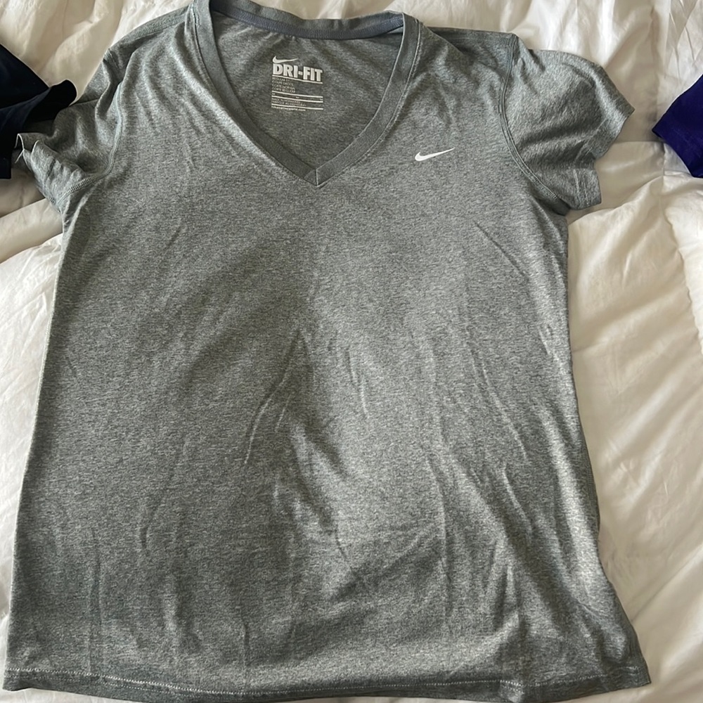 THREE Nike Dri-Fit Women’s V-neck tshirt, grey, purple and black